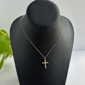 Sterling Silver & Rhinestone Cross Necklace With 16" Chain 1" x 1/2" Pendant